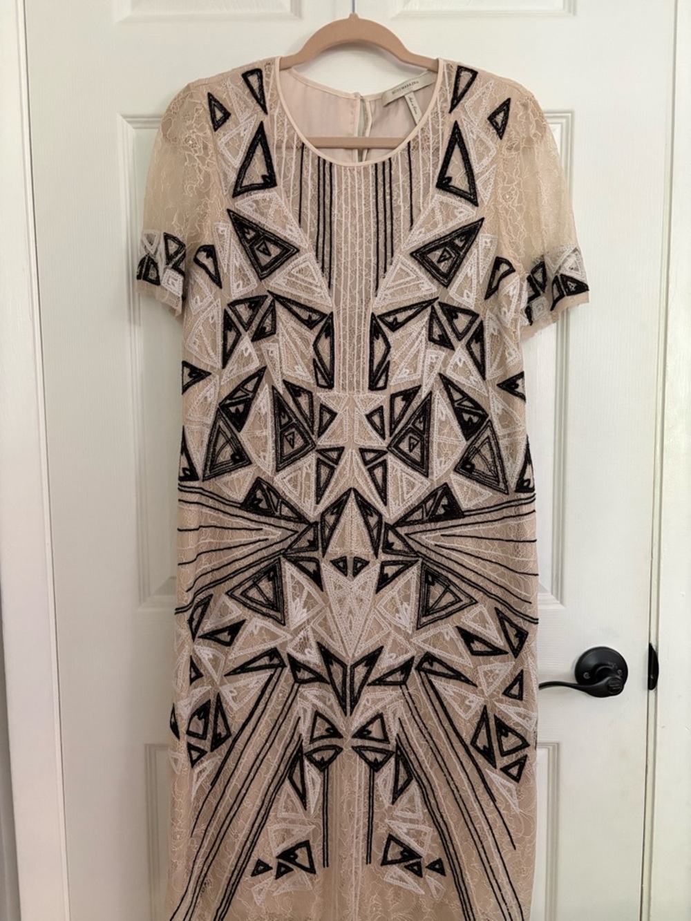 BCBGMaxAzria Nude and Black Beaded Geometric Midi Dress Sz S